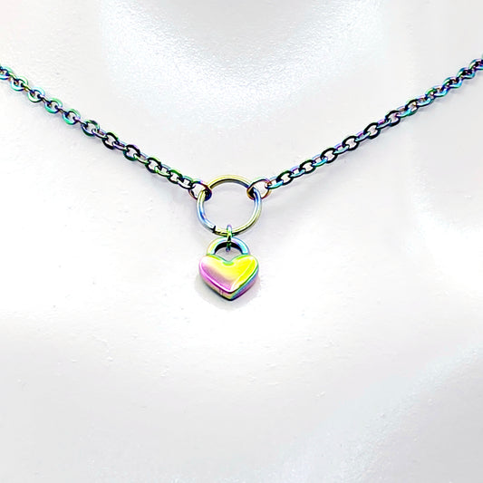 Rainbow Day Collar, Stainless Steel with Heart. Discreet Day Wear Collar Choker Necklace