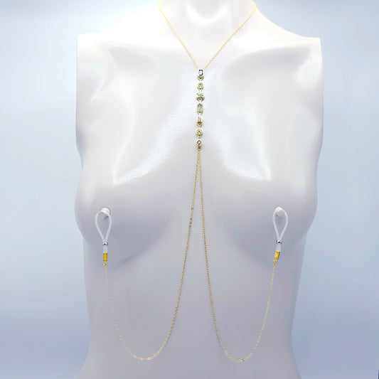 18K Gold Necklace to Nipple with Colorful Gemstone Pendants and Your Choice of Attachment.