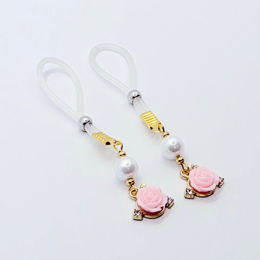 Non Piercing Nipple Dangles or Clamps with Rose and Pearls. Choose Nipple Nooses or Your Choice of Clamps. BDSM