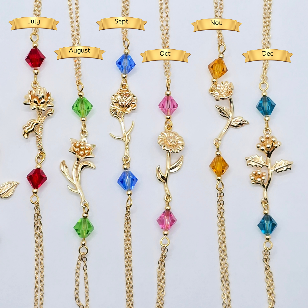 Birth Month Necklace to Nipple with Multiple Nipple Attachment Options. 18K Gold Birth Flower and Crystal Nipple Chain Necklace.
