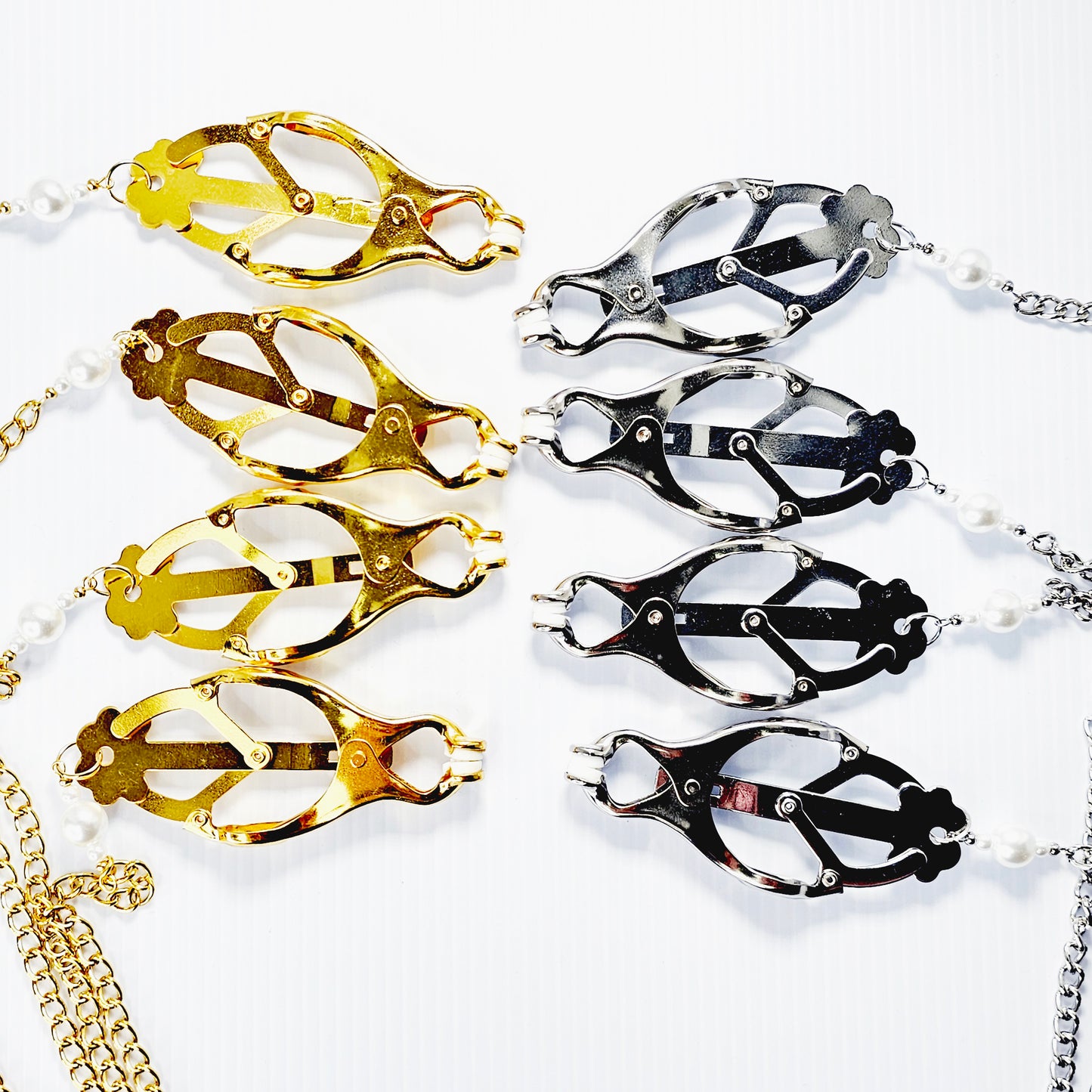 Chain Attached Nipple and Labia Clover Clamps with Pearls. Choose Gold or Silver. BDSM, Japanese Clover Clamps