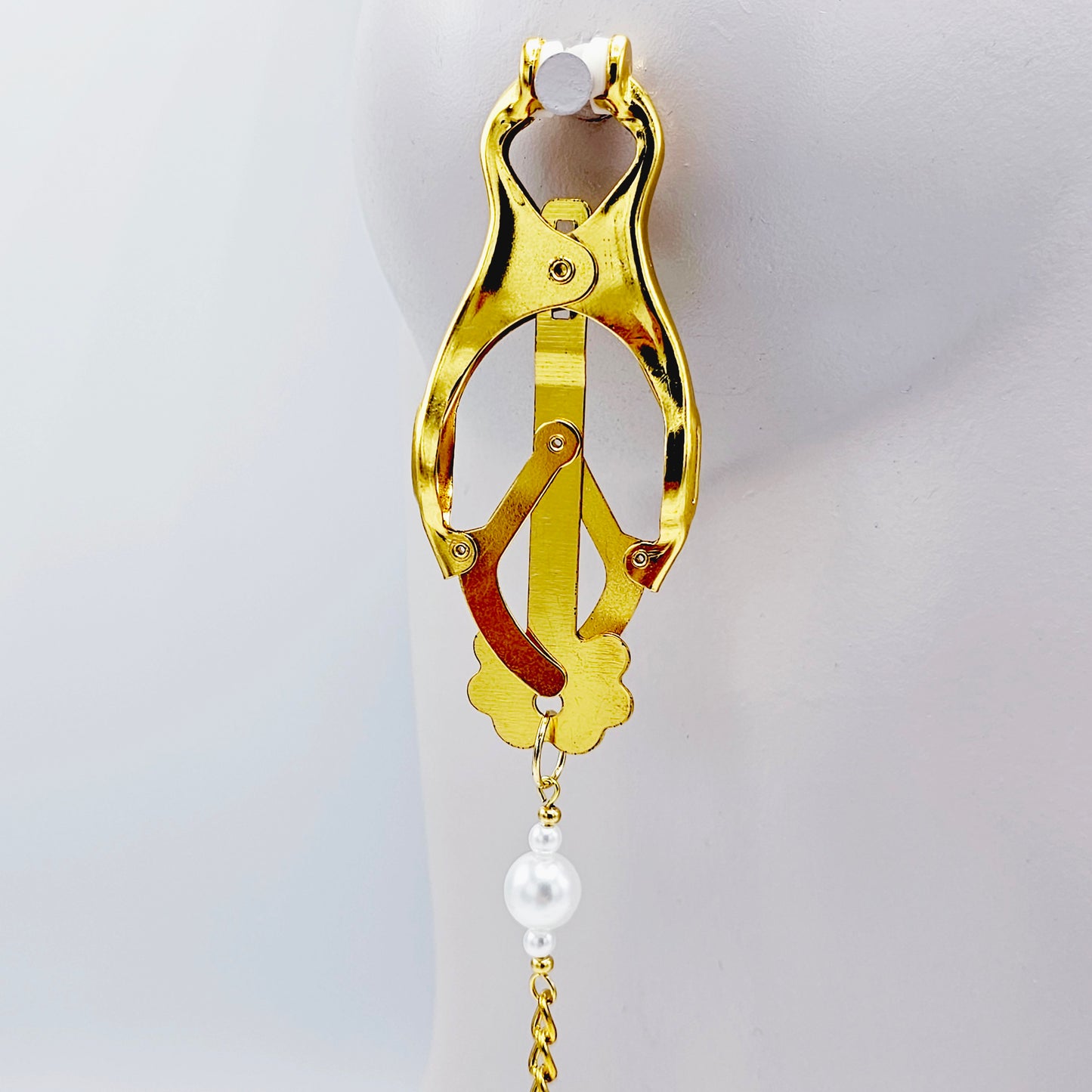 Chain Attached Nipple and Labia Clover Clamps with Pearls. Choose Gold or Silver. BDSM, Japanese Clover Clamps