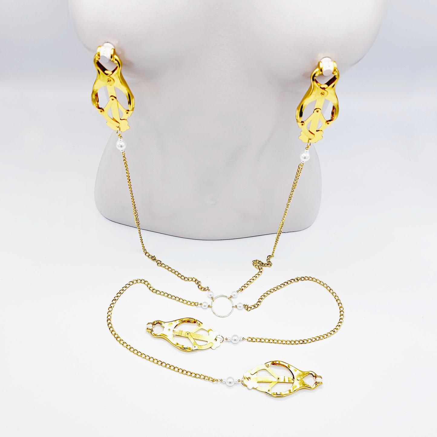 Chain Attached Nipple and Labia Clover Clamps with Pearls. Choose Gold or Silver. BDSM, Japanese Clover Clamps