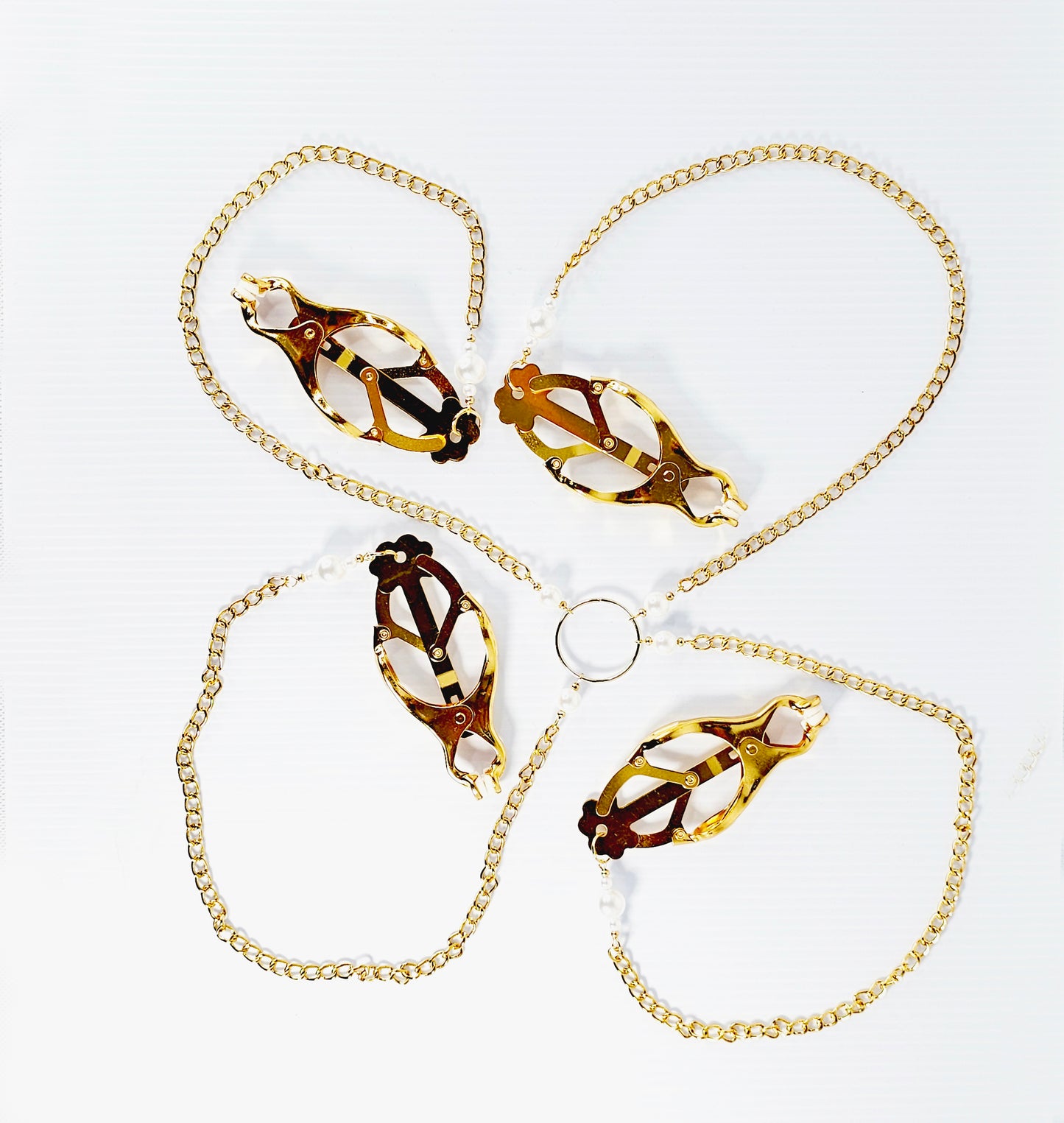 Chain Attached Nipple and Labia Clover Clamps with Pearls. Choose Gold or Silver. BDSM, Japanese Clover Clamps