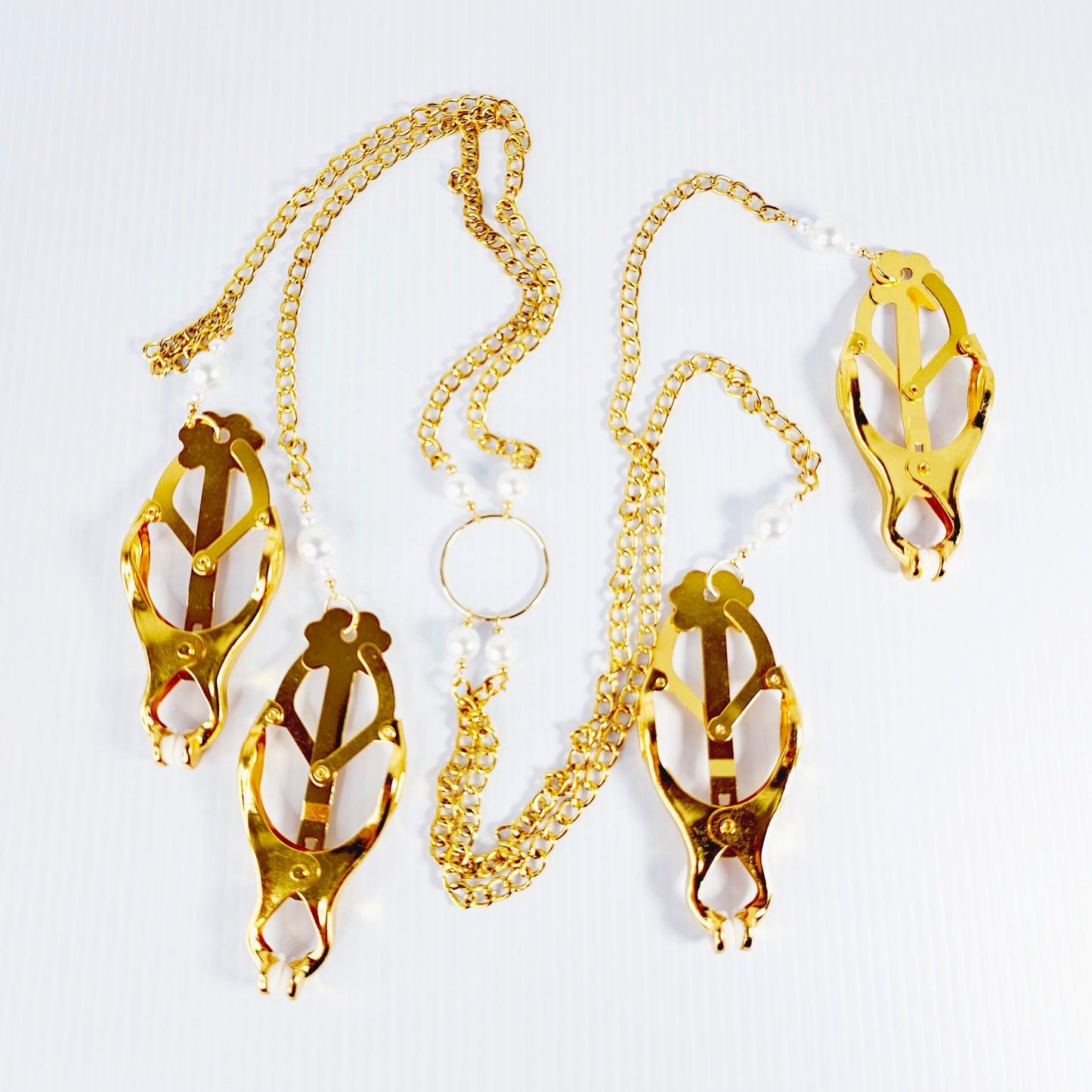 Chain Attached Nipple and Labia Clover Clamps with Pearls. Choose Gold or Silver. BDSM, Japanese Clover Clamps