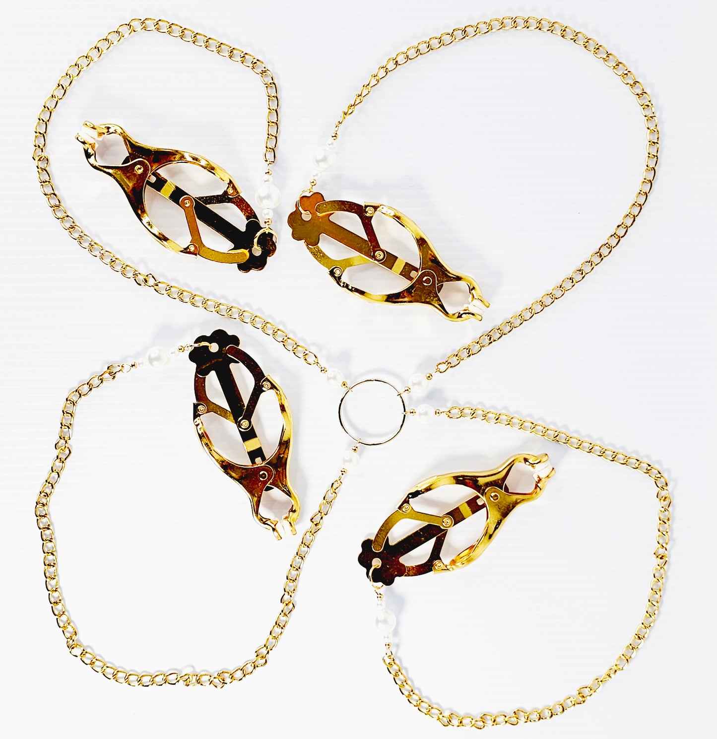 Chain Attached Nipple and Labia Clover Clamps with Pearls. Choose Gold or Silver. BDSM, Japanese Clover Clamps