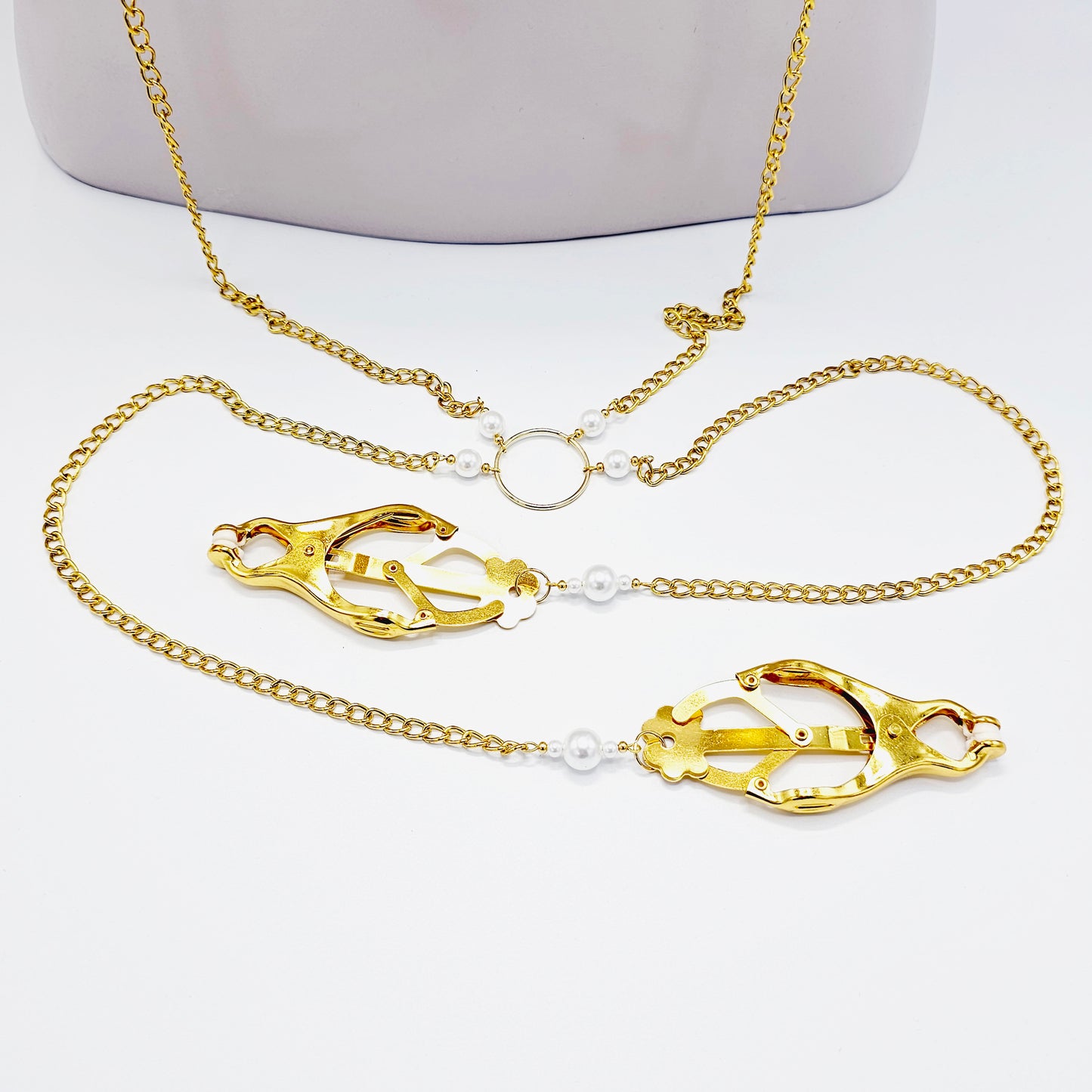 Chain Attached Nipple and Labia Clover Clamps with Pearls. Choose Gold or Silver. BDSM, Japanese Clover Clamps