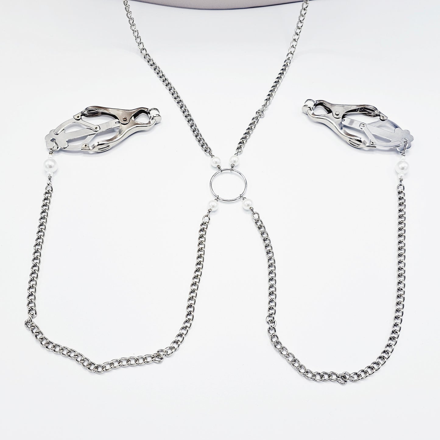 Chain Attached Nipple and Labia Clover Clamps with Pearls. Choose Gold or Silver. BDSM, Japanese Clover Clamps