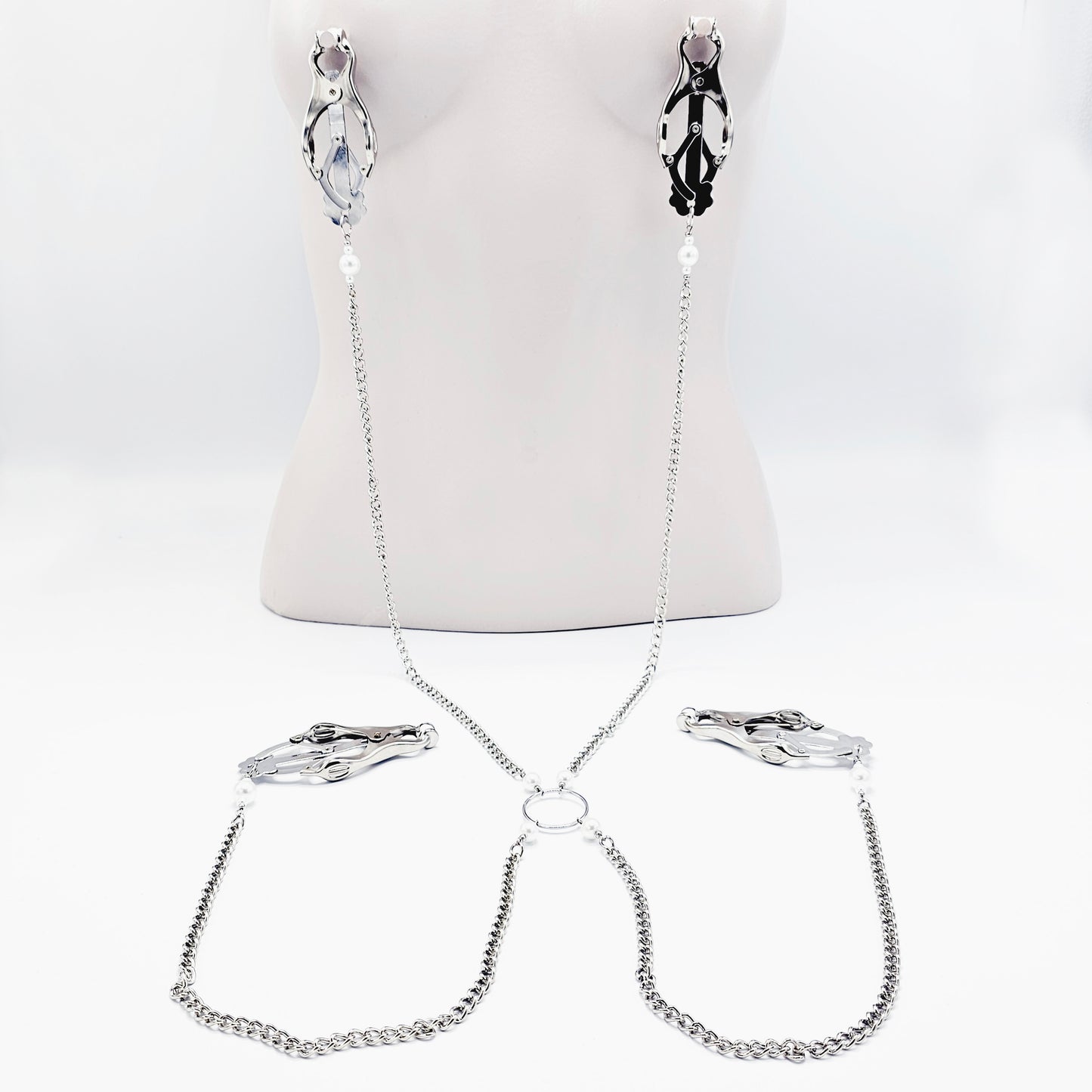 Chain Attached Nipple and Labia Clover Clamps with Pearls. Choose Gold or Silver. BDSM, Japanese Clover Clamps