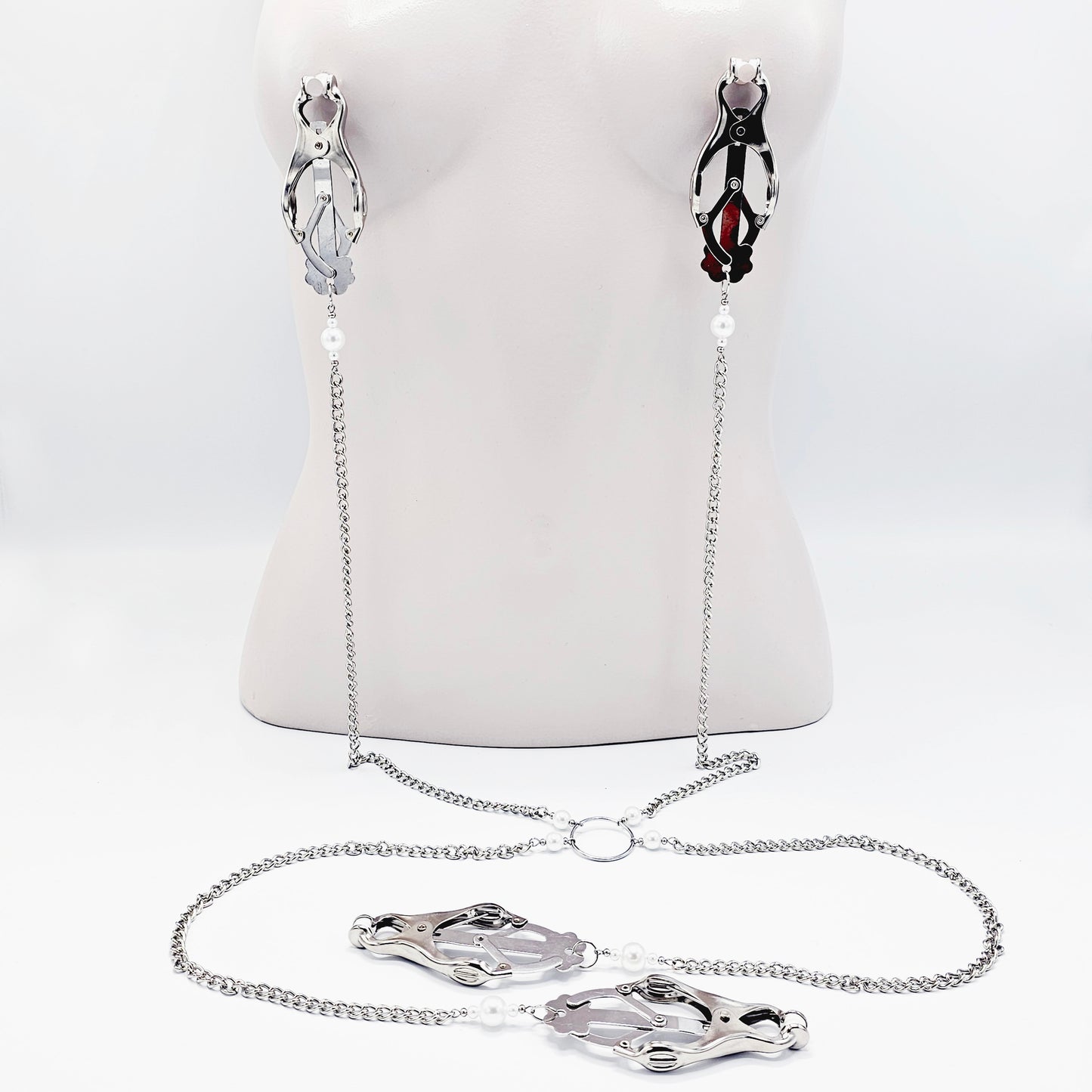 Chain Attached Nipple and Labia Clover Clamps with Pearls. Choose Gold or Silver. BDSM, Japanese Clover Clamps