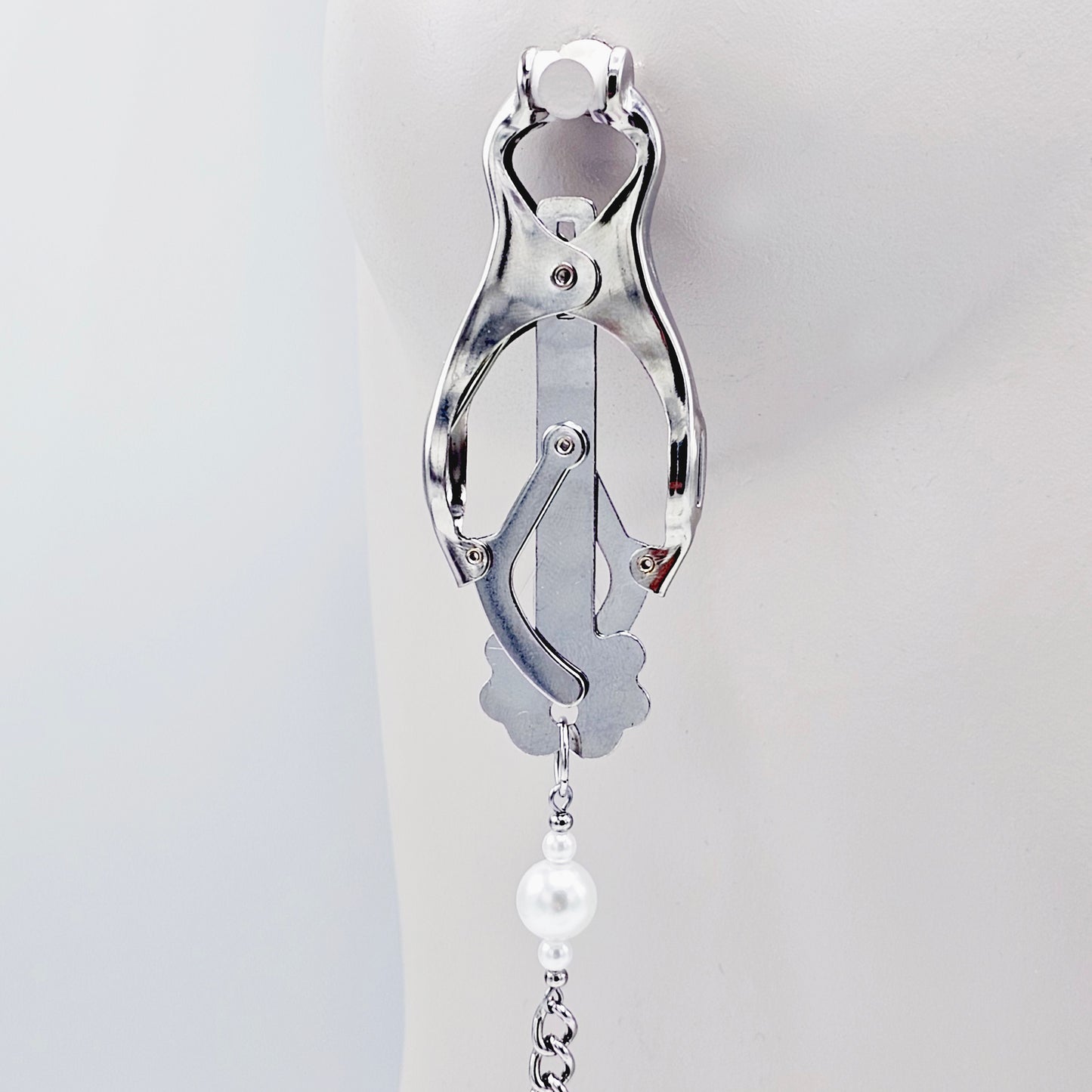 Chain Attached Nipple and Labia Clover Clamps with Pearls. Choose Gold or Silver. BDSM, Japanese Clover Clamps