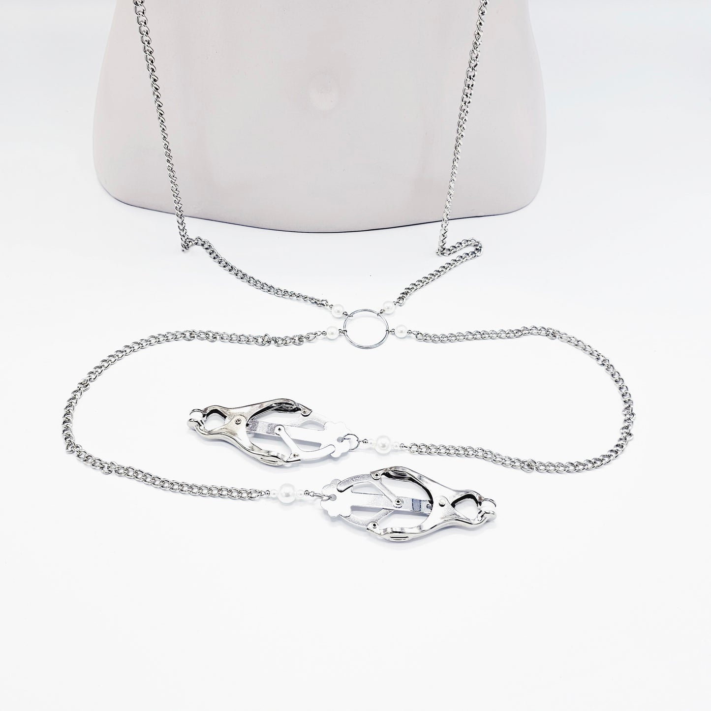 Chain Attached Nipple and Labia Clover Clamps with Pearls. Choose Gold or Silver. BDSM, Japanese Clover Clamps