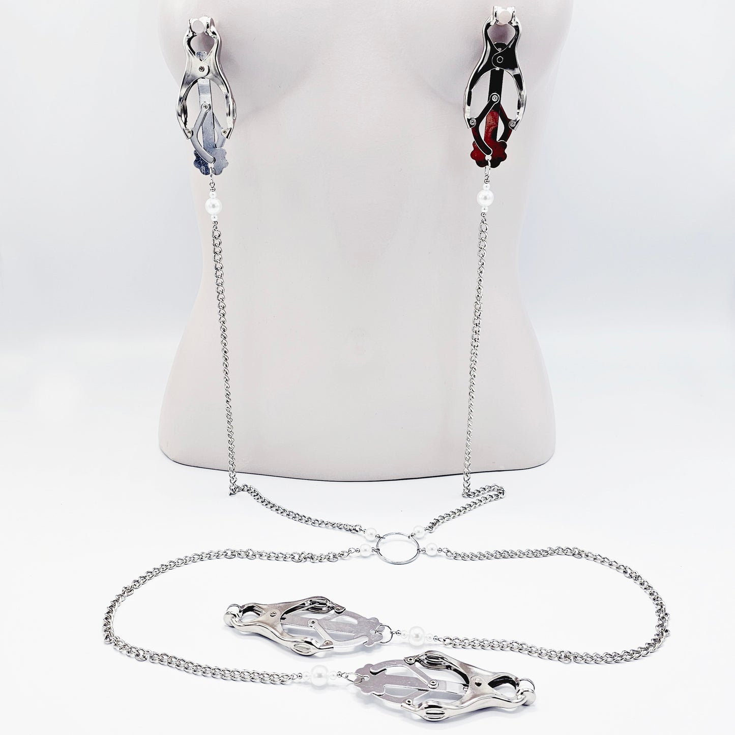 Chain Attached Nipple and Labia Clover Clamps with Pearls. Choose Gold or Silver. BDSM, Japanese Clover Clamps