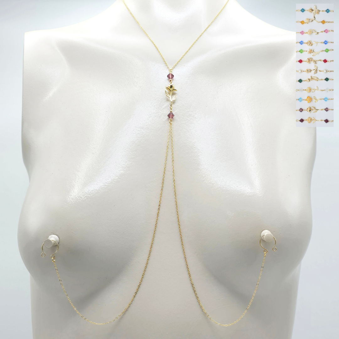 Birth Month Necklace to Nipple with Multiple Nipple Attachment Options. 18K Gold Birth Flower and Crystal Nipple Chain Necklace.