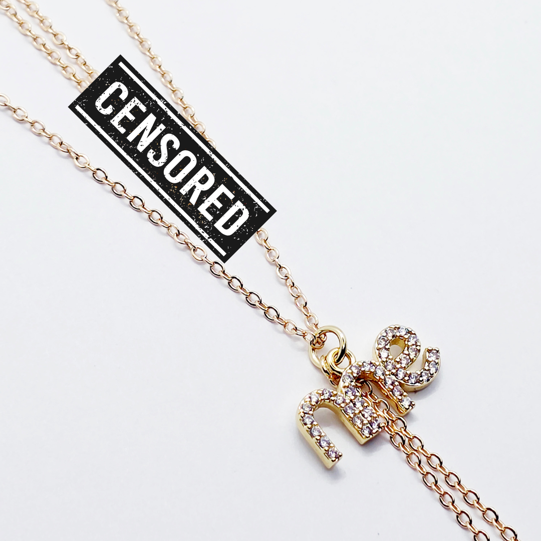 Gold Necklace to Nipple with Sparkling "Fuck Me" Pendants and Your Choice of Nipple Attachment. Non-Piercing, or use with Piercings.