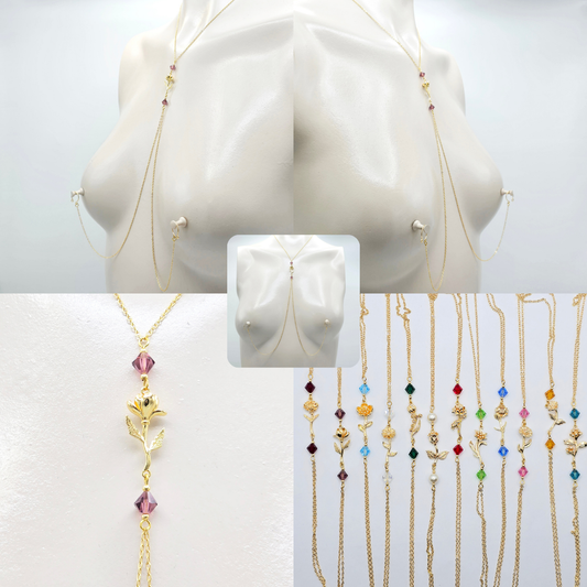 Birth Month Necklace to Nipple with Multiple Nipple Attachment Options. 18K Gold Birth Flower and Crystal Nipple Chain Necklace.