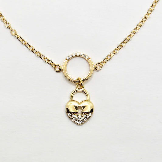 Gold Submissive Anklet with CZ Heart Lock Pendant. 18K Gold BDSM Ankle Bracelet for Sub.