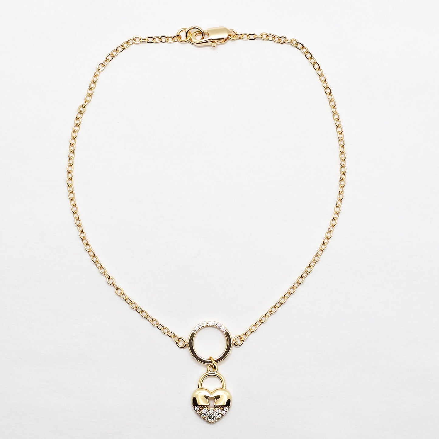 Gold Submissive Anklet with CZ Heart Lock Pendant. 18K Gold BDSM Ankle Bracelet for Sub.