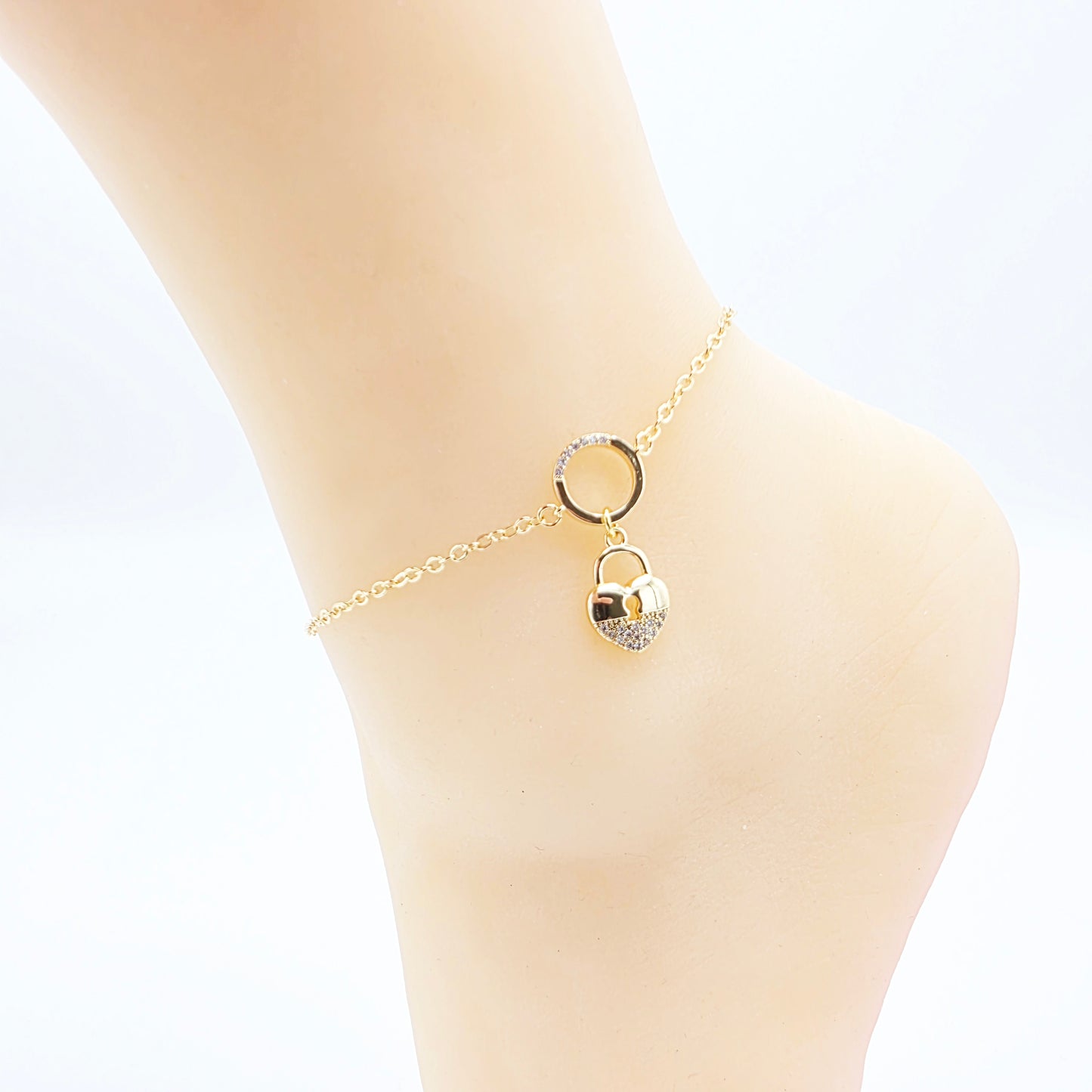 Gold Submissive Anklet with CZ Heart Lock Pendant. 18K Gold BDSM Ankle Bracelet for Sub.