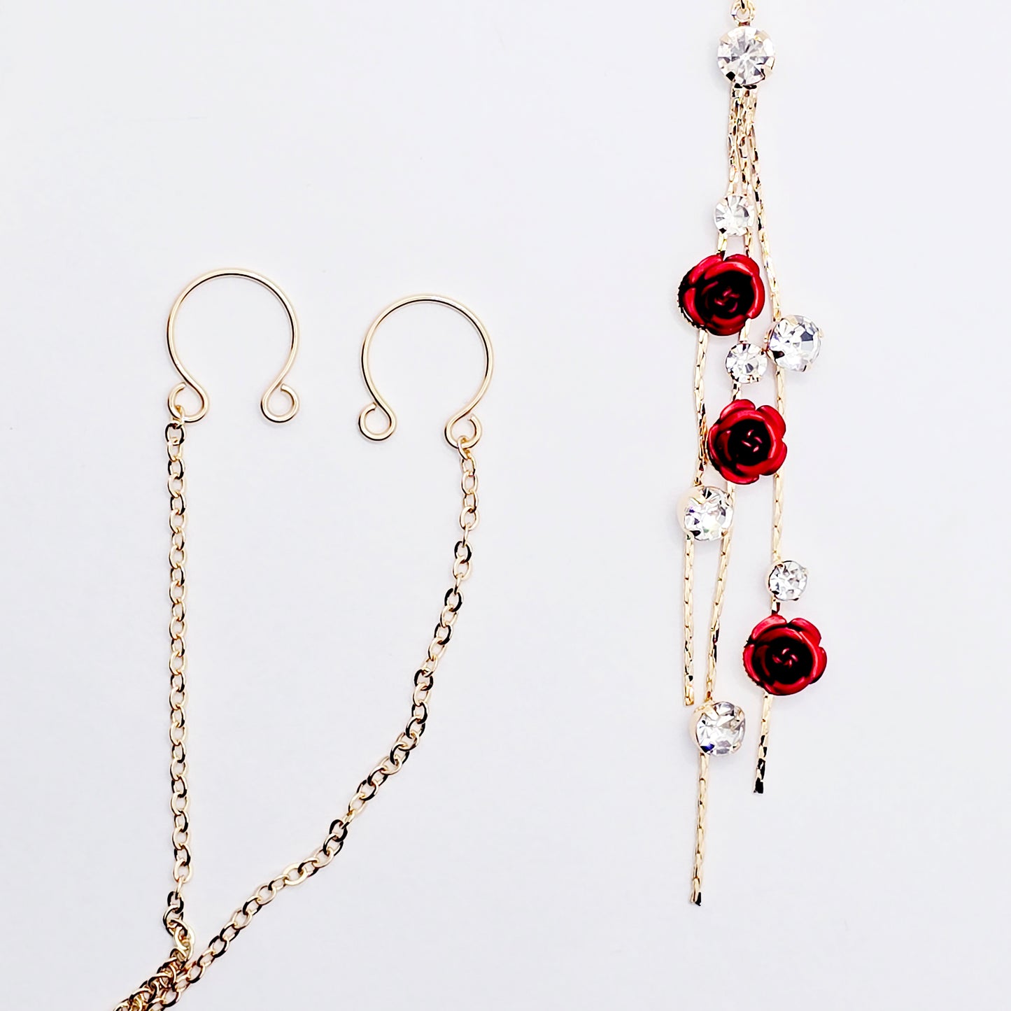 18K Gold Fake Piercing Nipple Chain Necklace with Red Roses Backdrop and Your Choice of Nipple Attachment.
