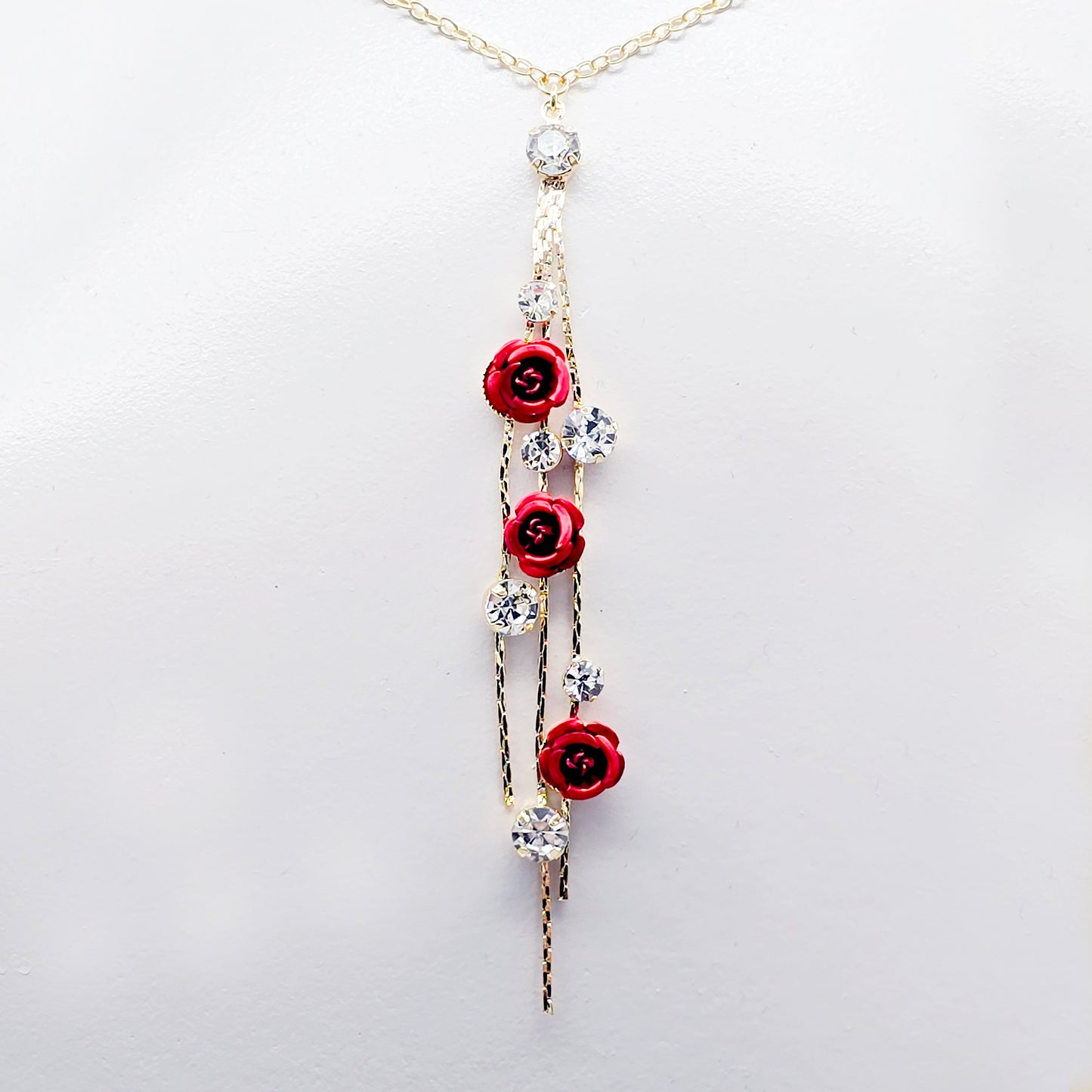 18K Gold Fake Piercing Nipple Chain Necklace with Red Roses Backdrop and Your Choice of Nipple Attachment.