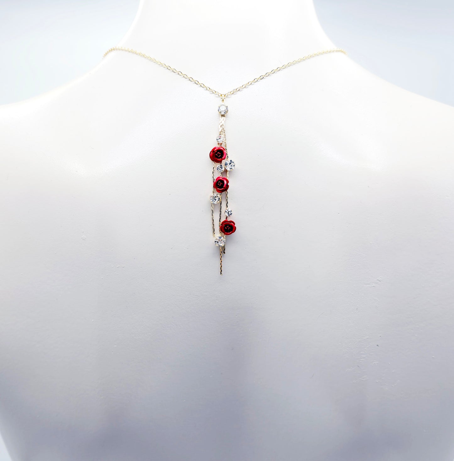 18K Gold Fake Piercing Nipple Chain Necklace with Red Roses Backdrop and Your Choice of Nipple Attachment.