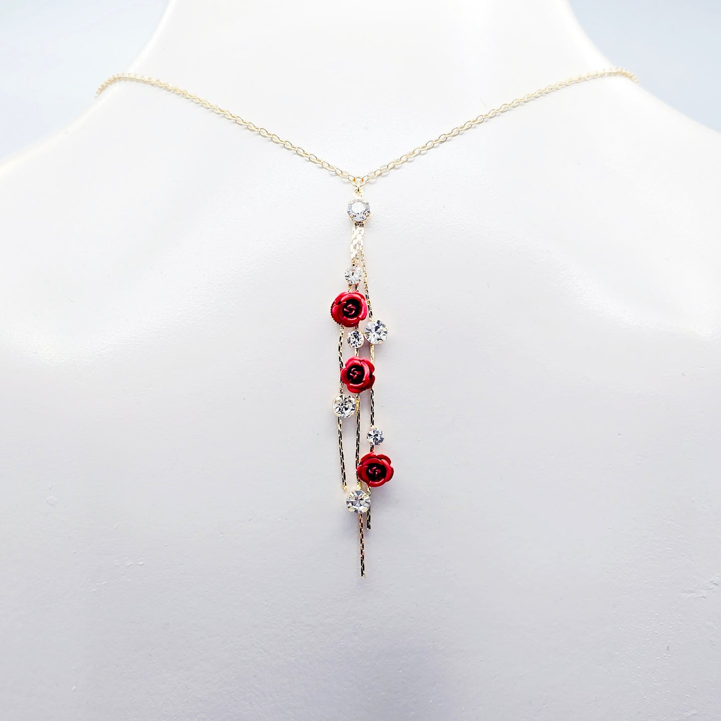 18K Gold Fake Piercing Nipple Chain Necklace with Red Roses Backdrop and Your Choice of Nipple Attachment.