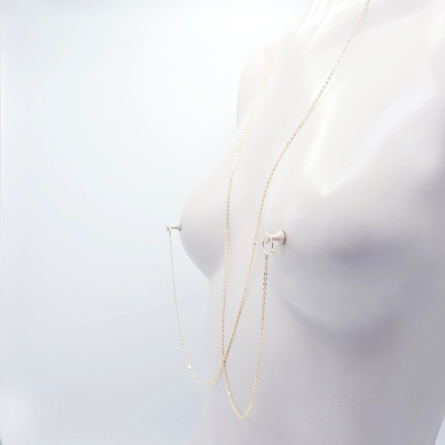 18K Gold Fake Piercing Nipple Chain Necklace with Red Roses Backdrop and Your Choice of Nipple Attachment.