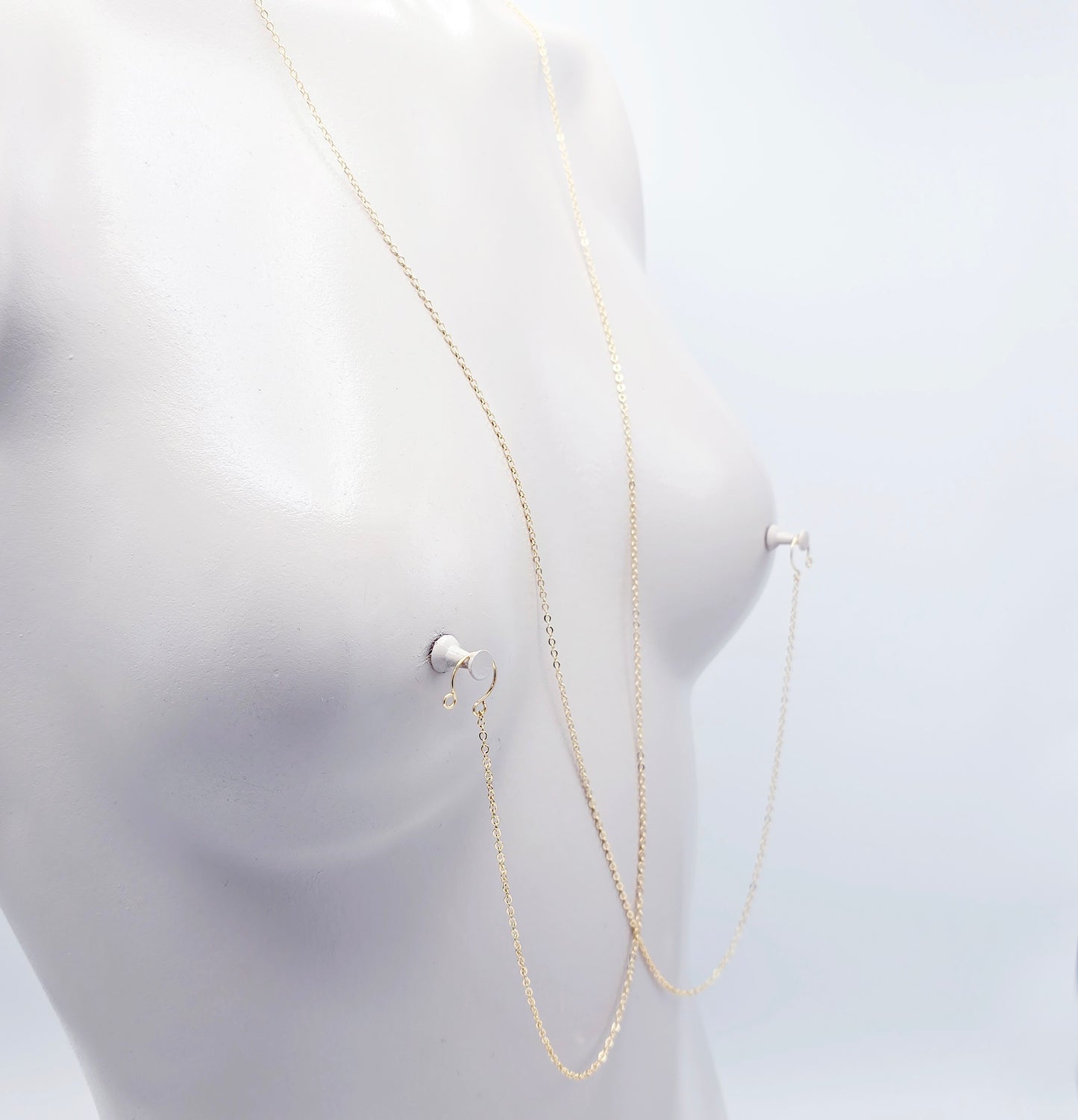 18K Gold Fake Piercing Nipple Chain Necklace with Red Roses Backdrop and Your Choice of Nipple Attachment.