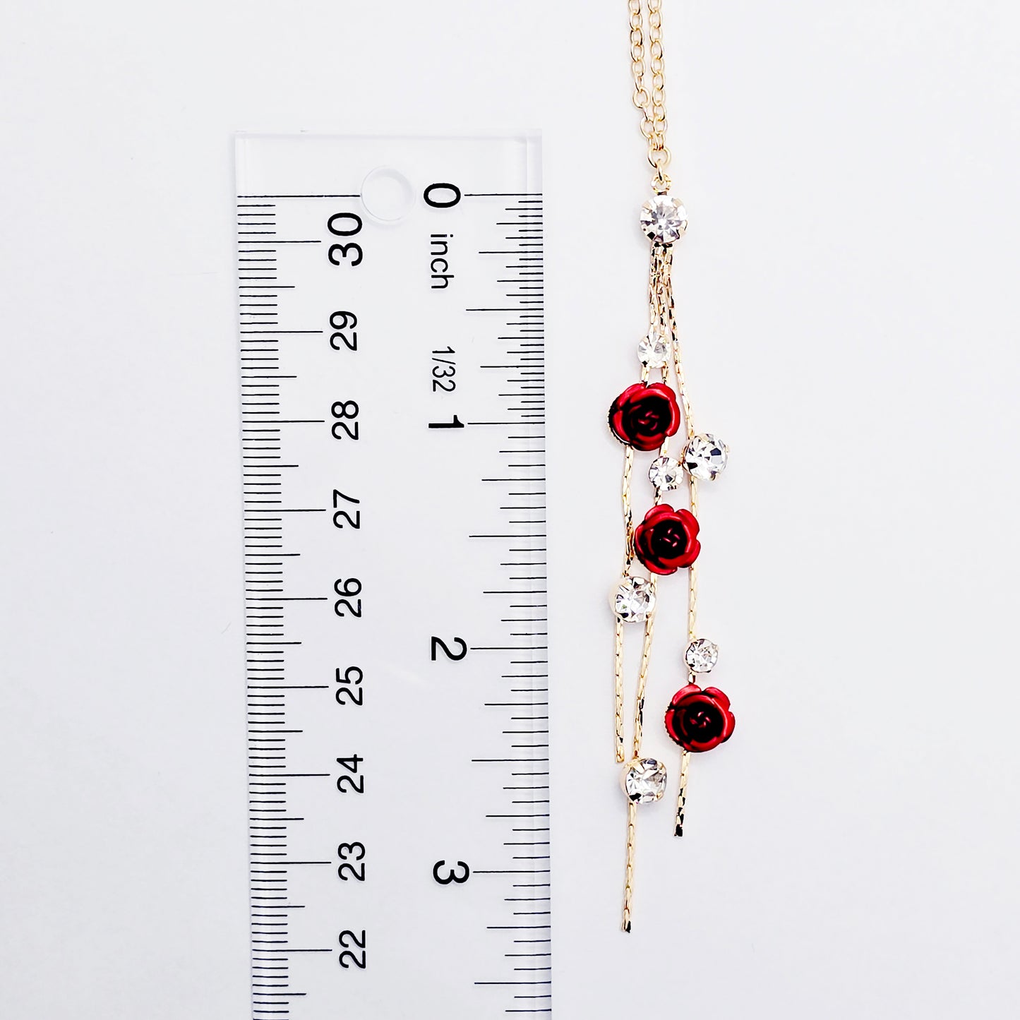 18K Gold Fake Piercing Nipple Chain Necklace with Red Roses Backdrop and Your Choice of Nipple Attachment.
