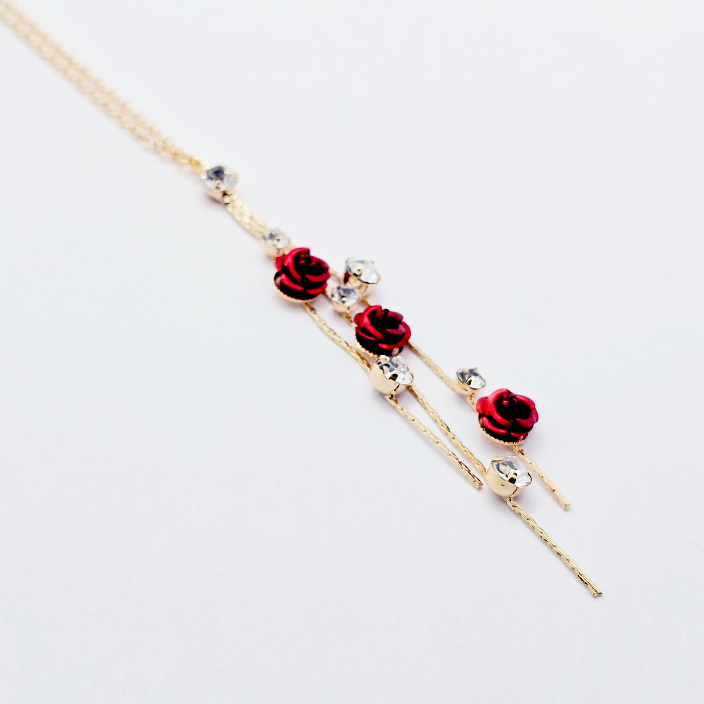 18K Gold Fake Piercing Nipple Chain Necklace with Red Roses Backdrop and Your Choice of Nipple Attachment.