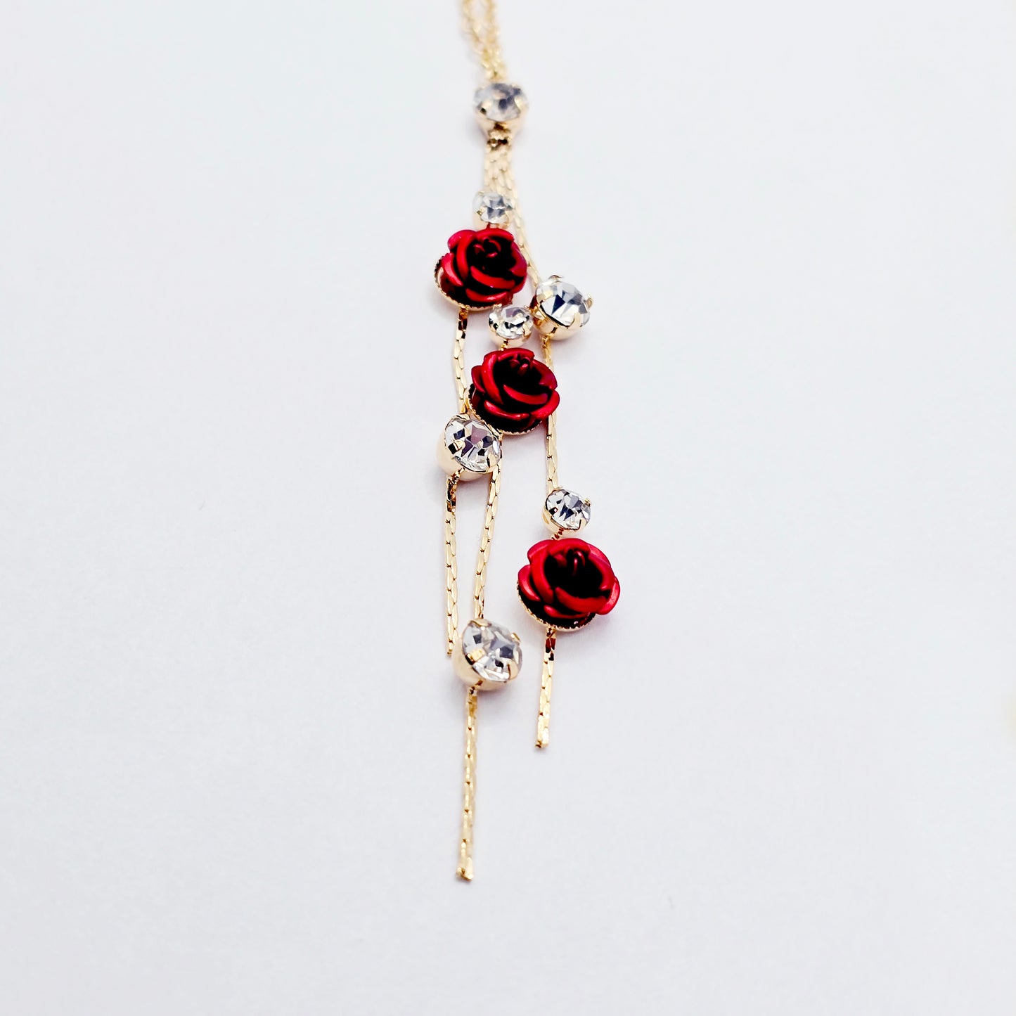 18K Gold Fake Piercing Nipple Chain Necklace with Red Roses Backdrop and Your Choice of Nipple Attachment.