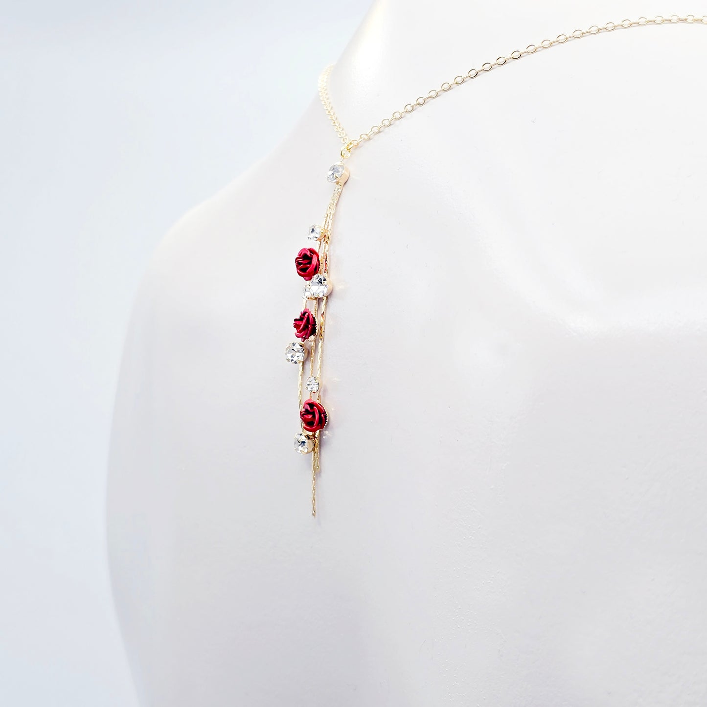 18K Gold Fake Piercing Nipple Chain Necklace with Red Roses Backdrop and Your Choice of Nipple Attachment.