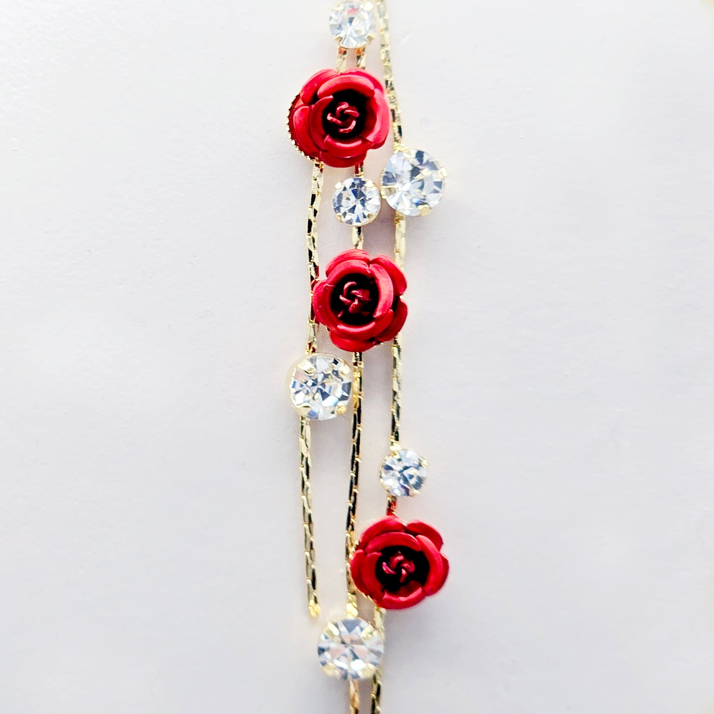18K Gold Fake Piercing Nipple Chain Necklace with Red Roses Backdrop and Your Choice of Nipple Attachment.