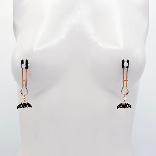 Spooky Nipple Clamps for Halloween. Rose Gold Straight Tweezer Clamps with Bats.
