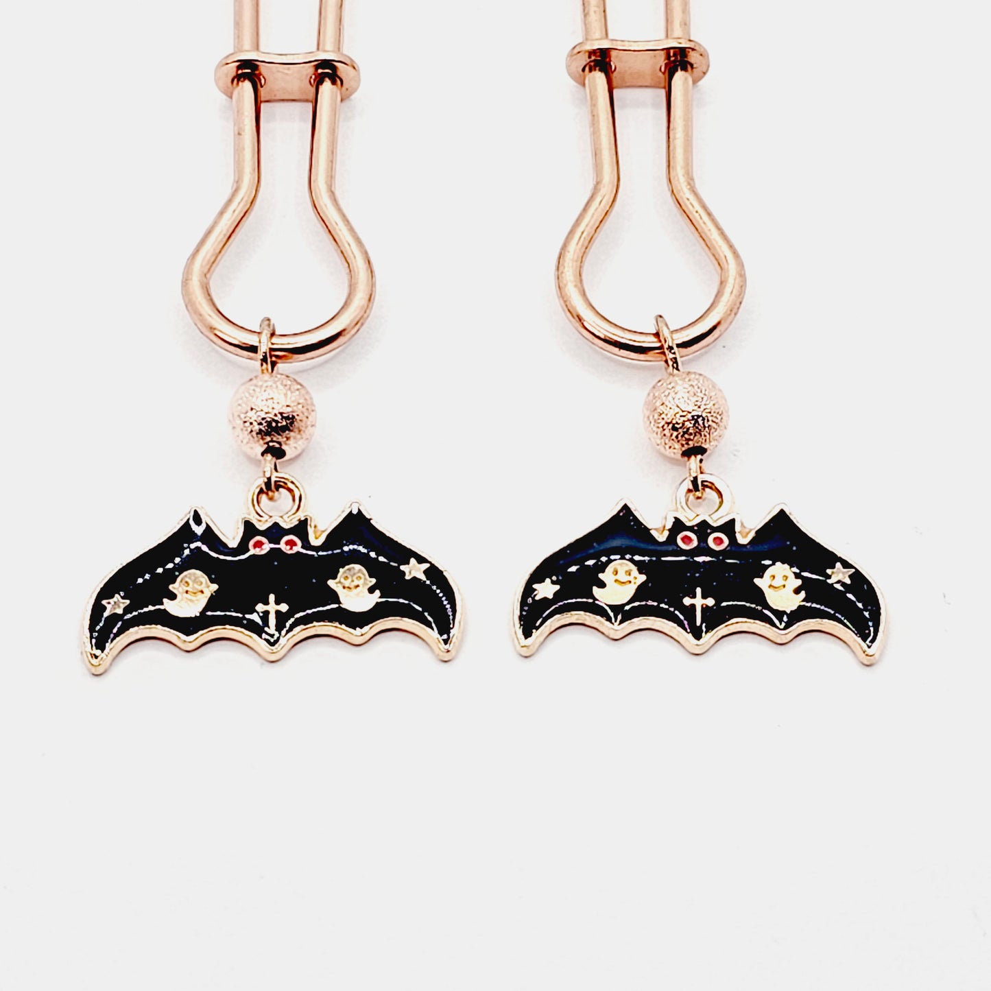 Spooky Nipple Clamps for Halloween. Rose Gold Straight Tweezer Clamps with Bats.