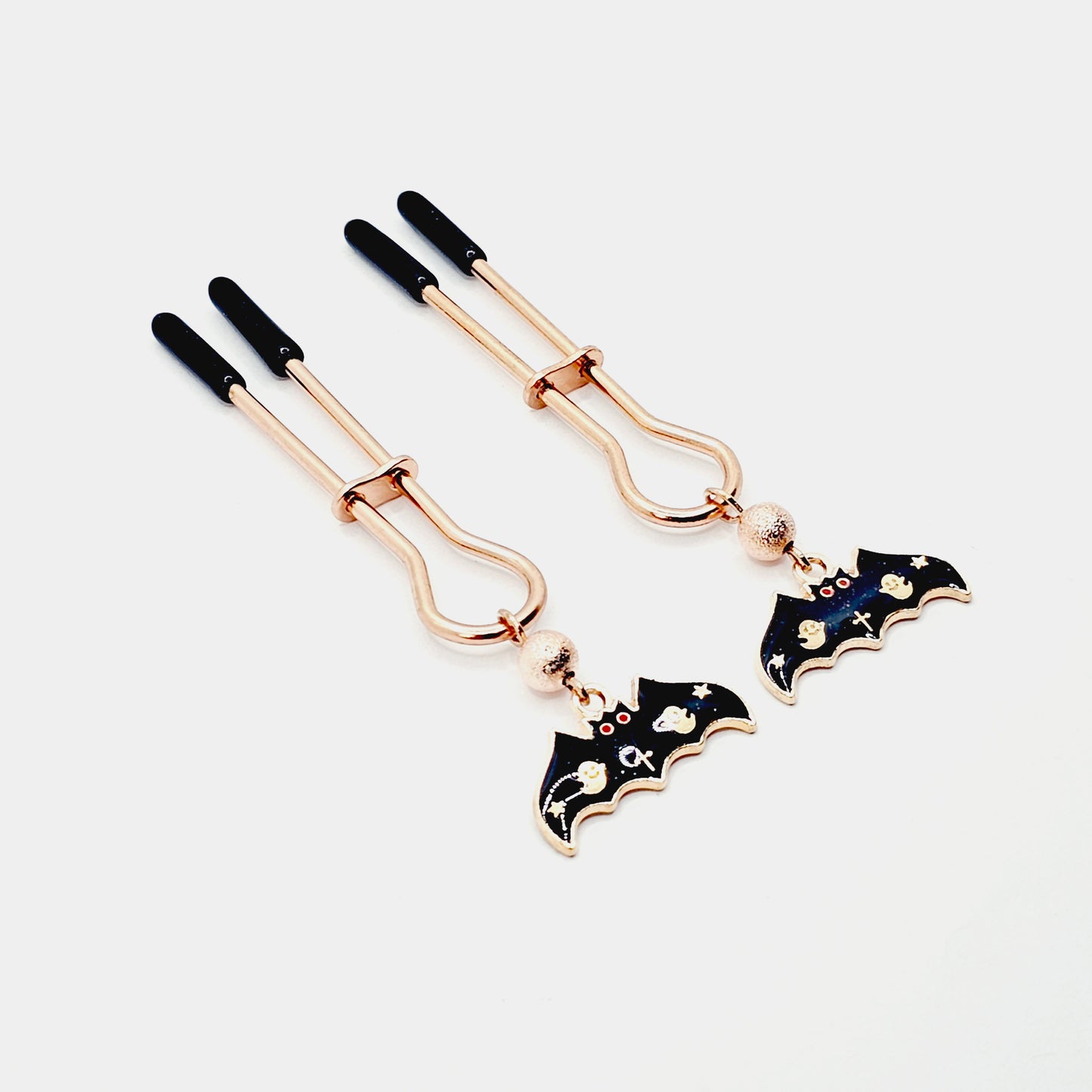 Spooky Nipple Clamps for Halloween. Rose Gold Straight Tweezer Clamps with Bats.