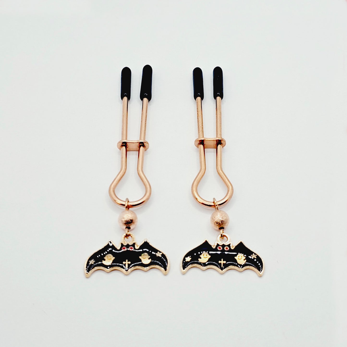 Spooky Nipple Clamps for Halloween. Rose Gold Straight Tweezer Clamps with Bats.