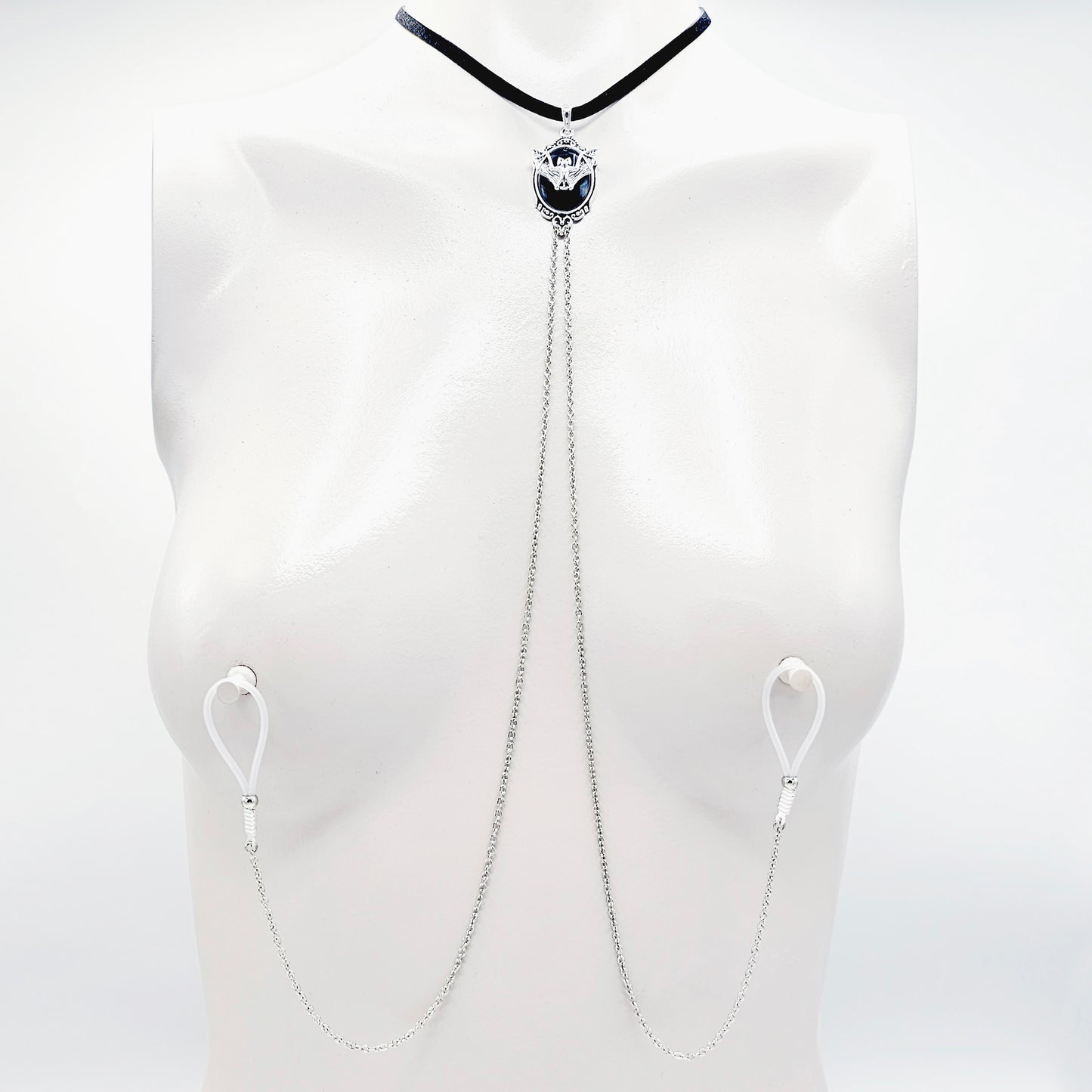 Nipple Noose Choker with Gothic Bat. Red or Black. Non Piercing Nipple Nooses or Nipple Clamps.