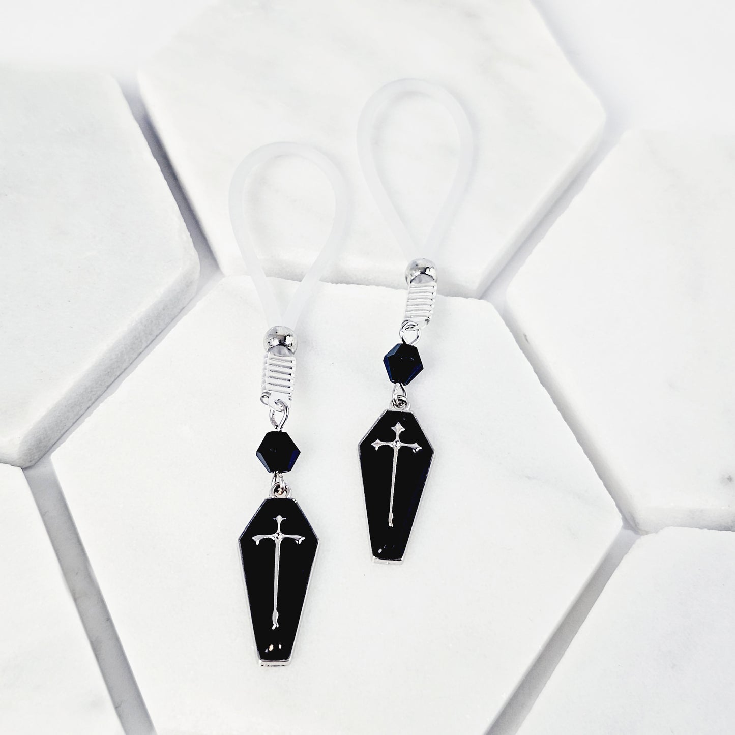 Gothic Nipple Jewelry for Halloween with Black Coffins. Not Piercing Nipple Nooses or Nipple Clamps