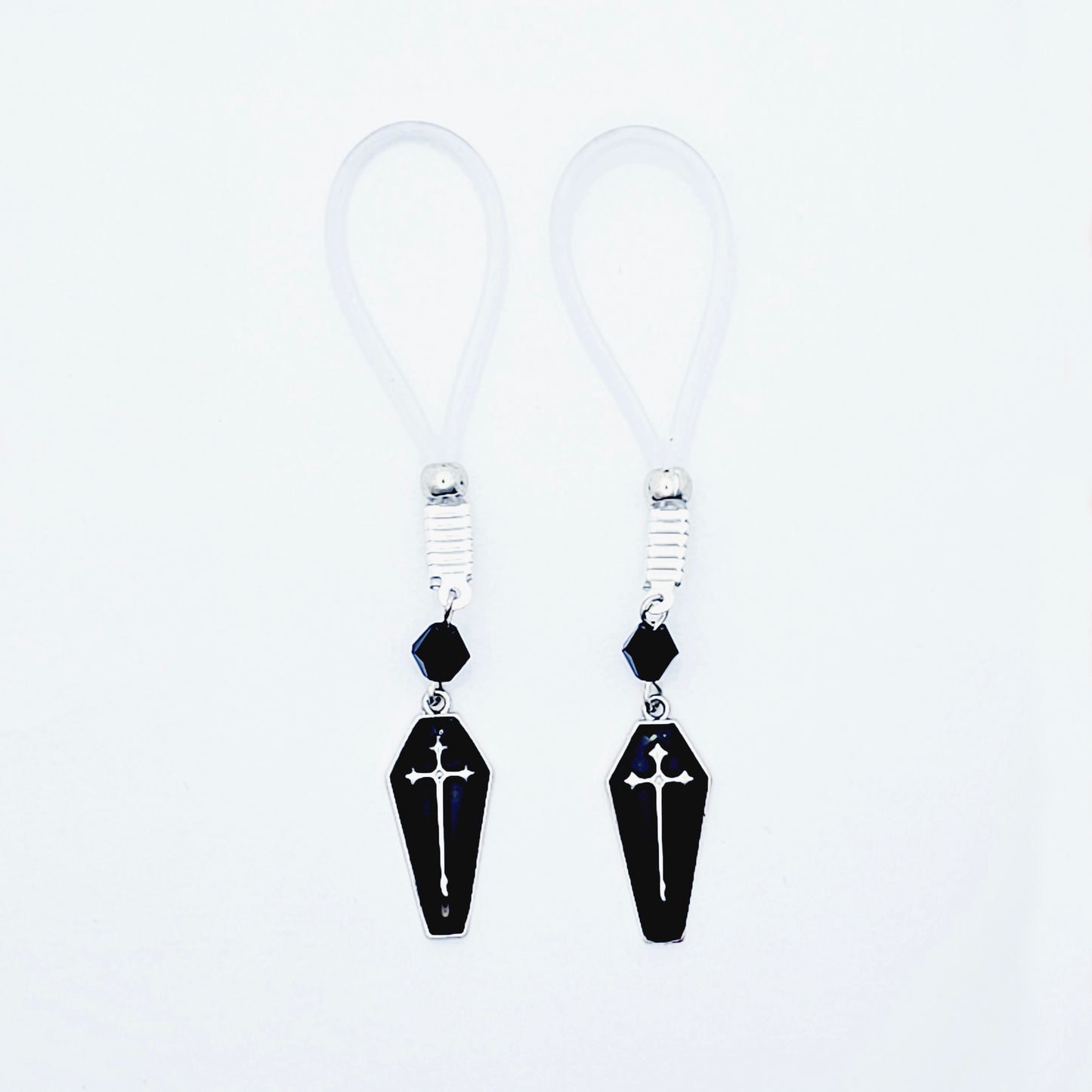 Gothic Nipple Jewelry for Halloween with Black Coffins. Not Piercing Nipple Nooses or Nipple Clamps