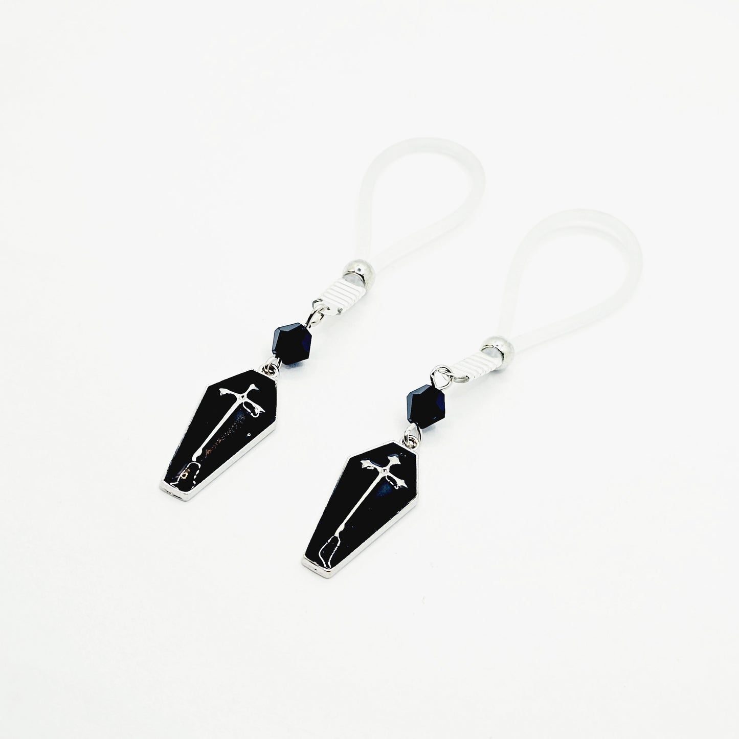 Gothic Nipple Jewelry for Halloween with Black Coffins. Not Piercing Nipple Nooses or Nipple Clamps