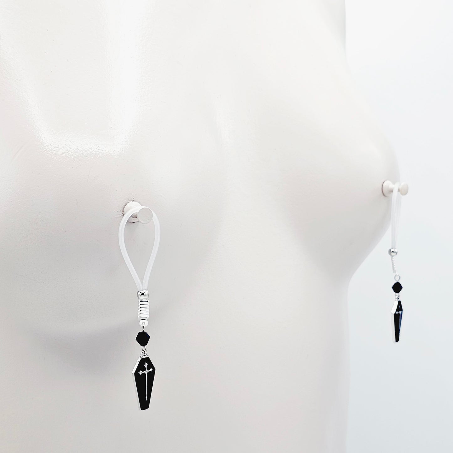 Gothic Nipple Jewelry for Halloween with Black Coffins. Not Piercing Nipple Nooses or Nipple Clamps