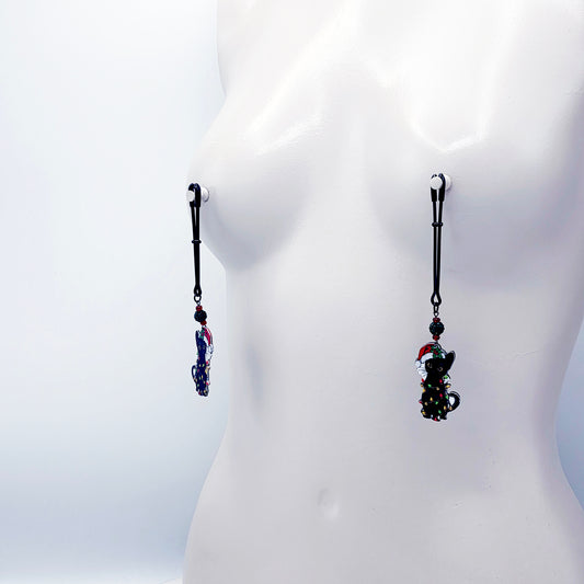 Naughty Nipple Clamps for Christmas. Tweezer Clamps with Bondage Kitties. BDSM