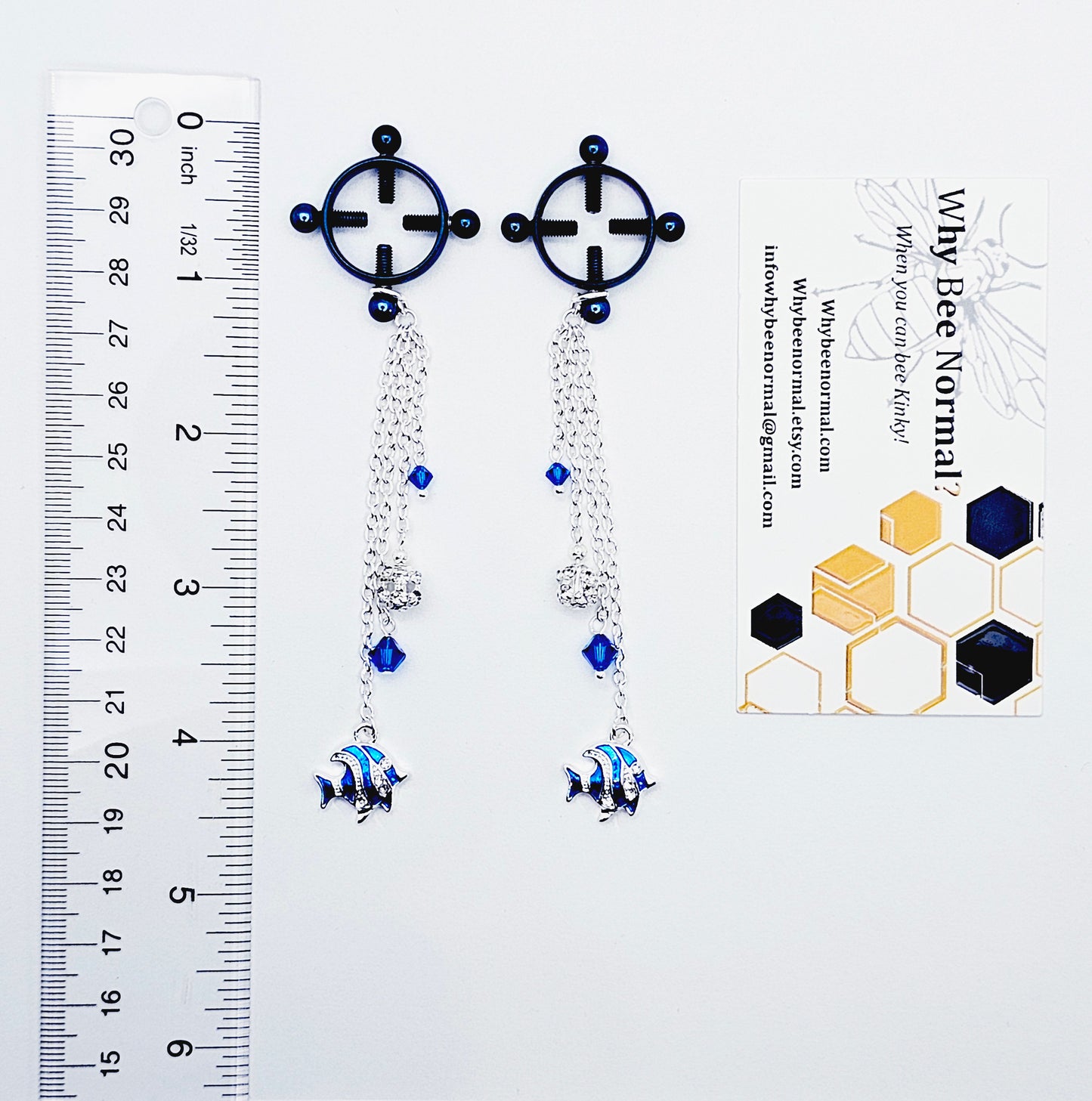 Circle Nipple Clamps, Blue, with Cascading Crystals and Tropical Fish. Non Piercing Nipple Dangles