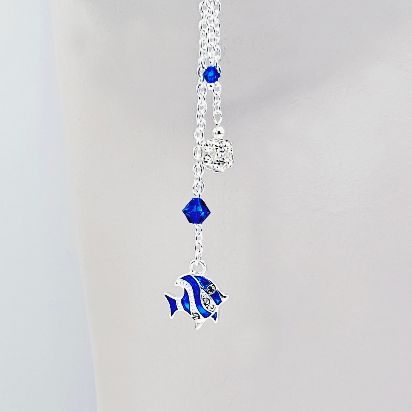 Circle Nipple Clamps, Blue, with Cascading Crystals and Tropical Fish. Non Piercing Nipple Dangles