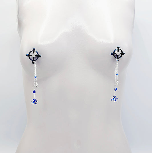 Circle Nipple Clamps, Blue, with Cascading Crystals and Tropical Fish. Non Piercing Nipple Dangles