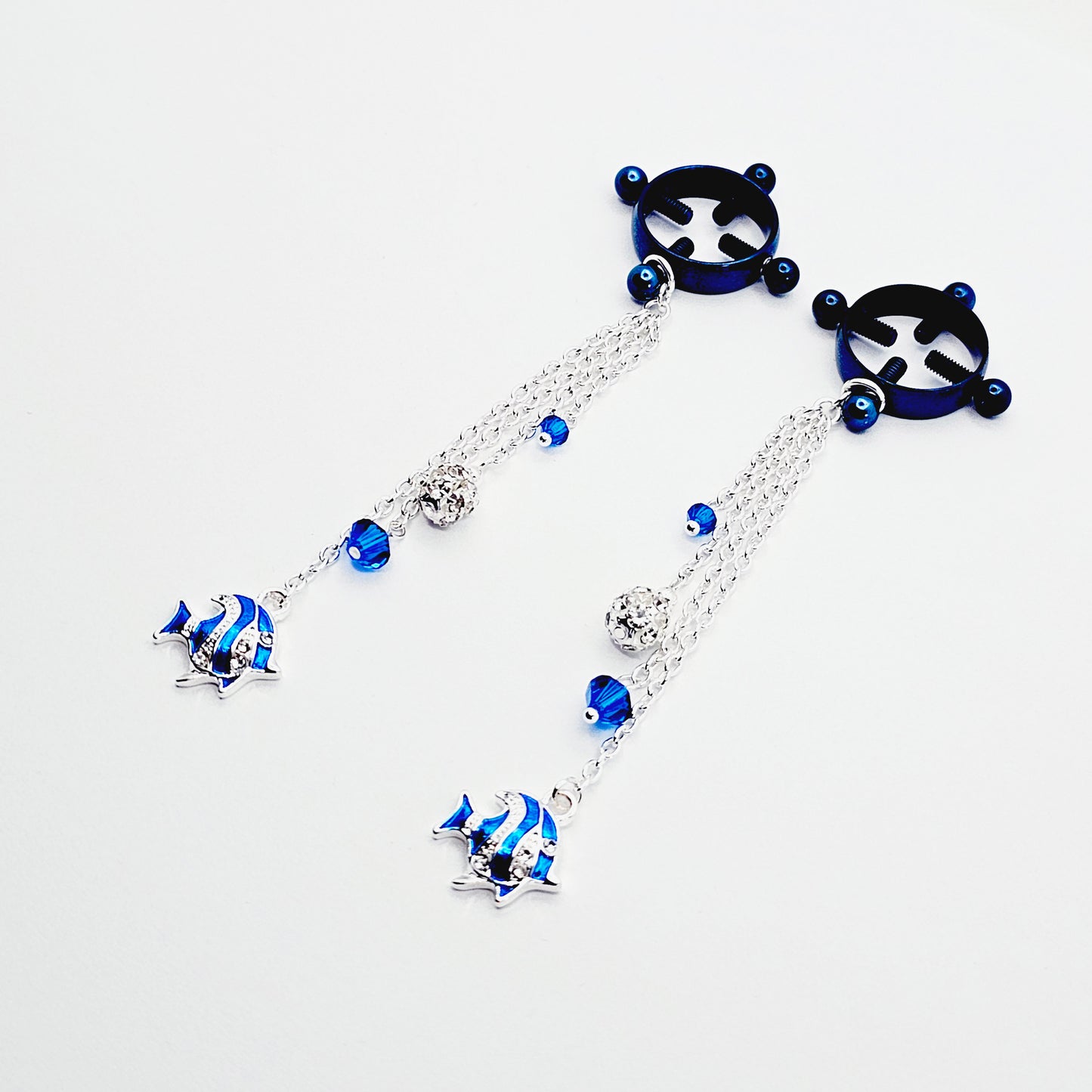 Circle Nipple Clamps, Blue, with Cascading Crystals and Tropical Fish. Non Piercing Nipple Dangles