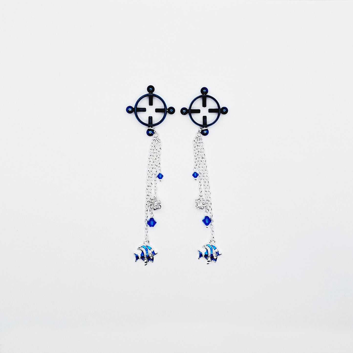 Circle Nipple Clamps, Blue, with Cascading Crystals and Tropical Fish. Non Piercing Nipple Dangles