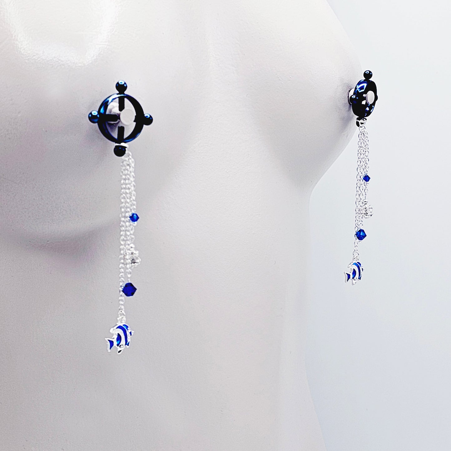 Circle Nipple Clamps, Blue, with Cascading Crystals and Tropical Fish. Non Piercing Nipple Dangles